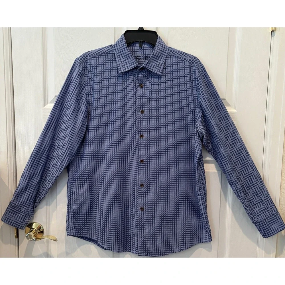 Tasso Elba‎ Shirt Mens Medium Long Sleeve Blue Plaid Button Up Dress Cotton EUC